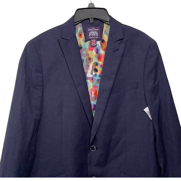 The Savile Row Mens Blazer Jacket 40L Blue‎ Brit Skinny Linen Blend 2 Button - Picture 2 of 12